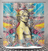 Detail of Surfing 1 29 Shower Curtain, highlighting the colorful and dynamic surf-themed patterns, ideal for bringing a touch of the ocean indoors.